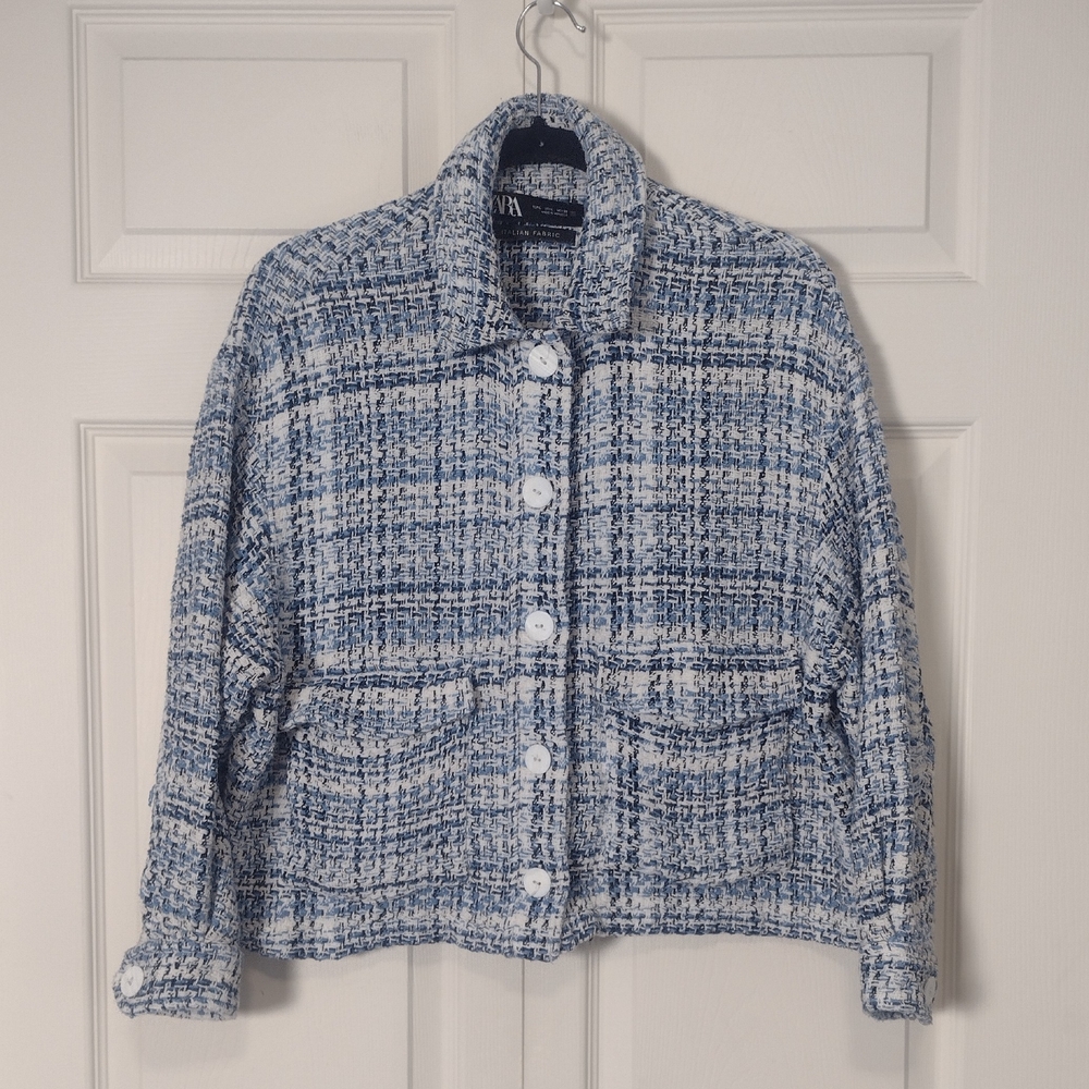 Zara Blue Plaid Tweed Textured Weave Relaxed Fit Overshirt Blazer Jacket Large